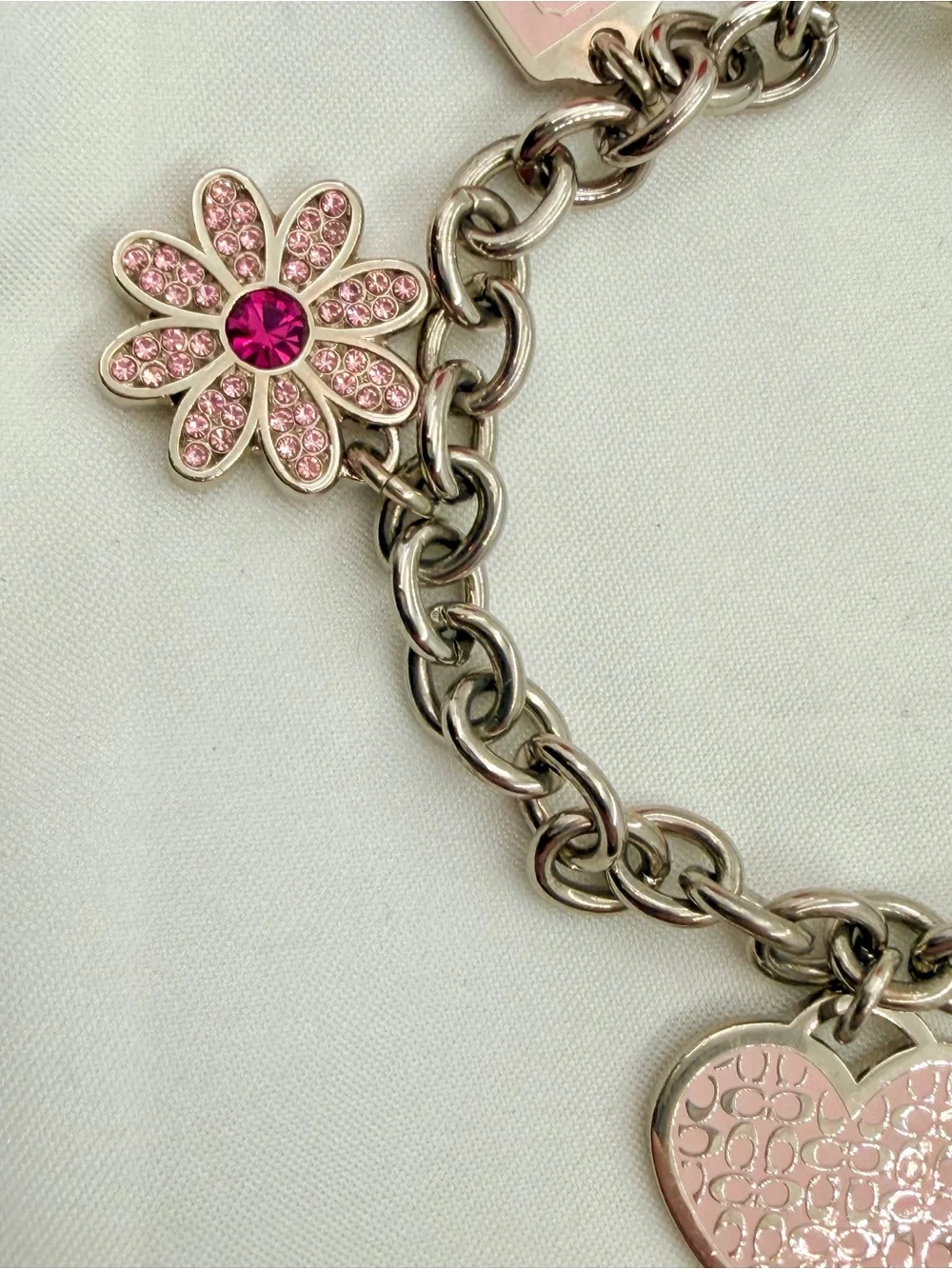 Vintage Coach Pink Daisy Swarovski Crystal Charm Dog Leash Clasp Bracelet/BagFob